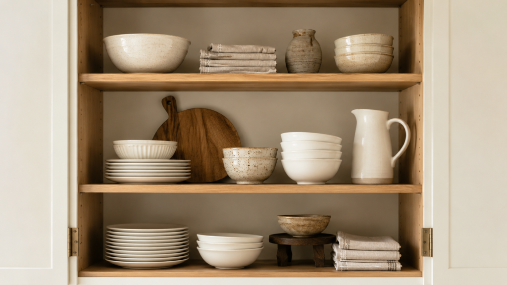 Doorless open kitchen cabinet styled with white dinnerware, pottery, linen napkins, and oak accents for small kitchen decor ideas on a budget.