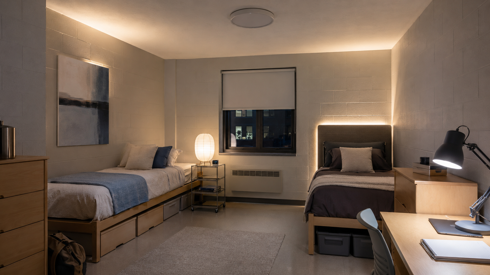 Stylish dorm room with layered lighting and the harsh overhead light switched off