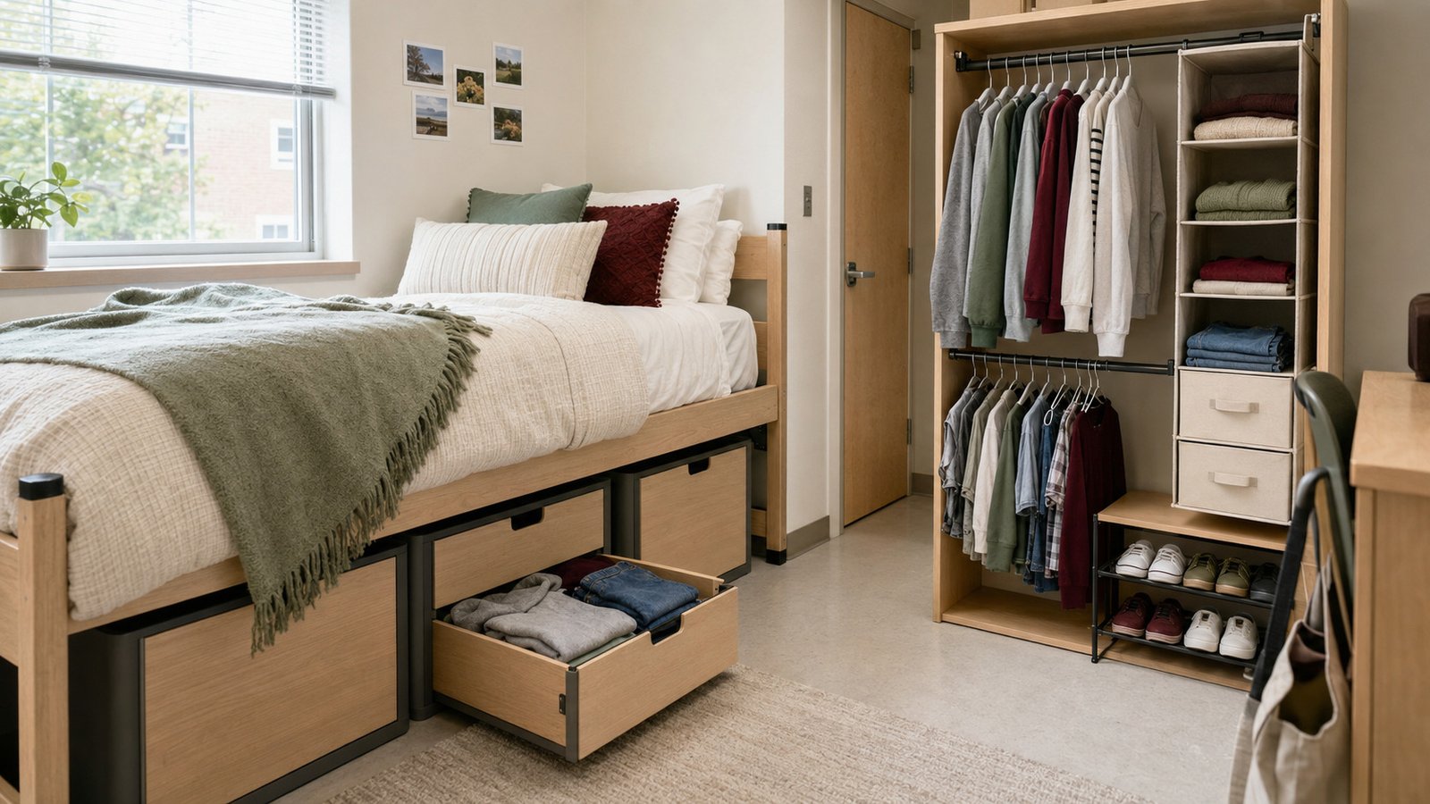 Organized under-bed drawers and closet storage in a stylish dorm room