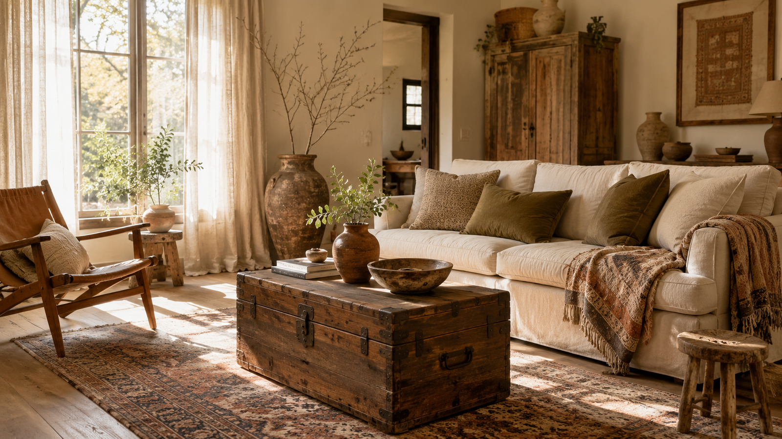 Dreamy boho living room on a budget featuring a vintage wooden trunk coffee table, neutral linen sofa, floor-to-ceiling linen curtains, handmade pottery, layered vintage rugs, and warm natural wood accents.