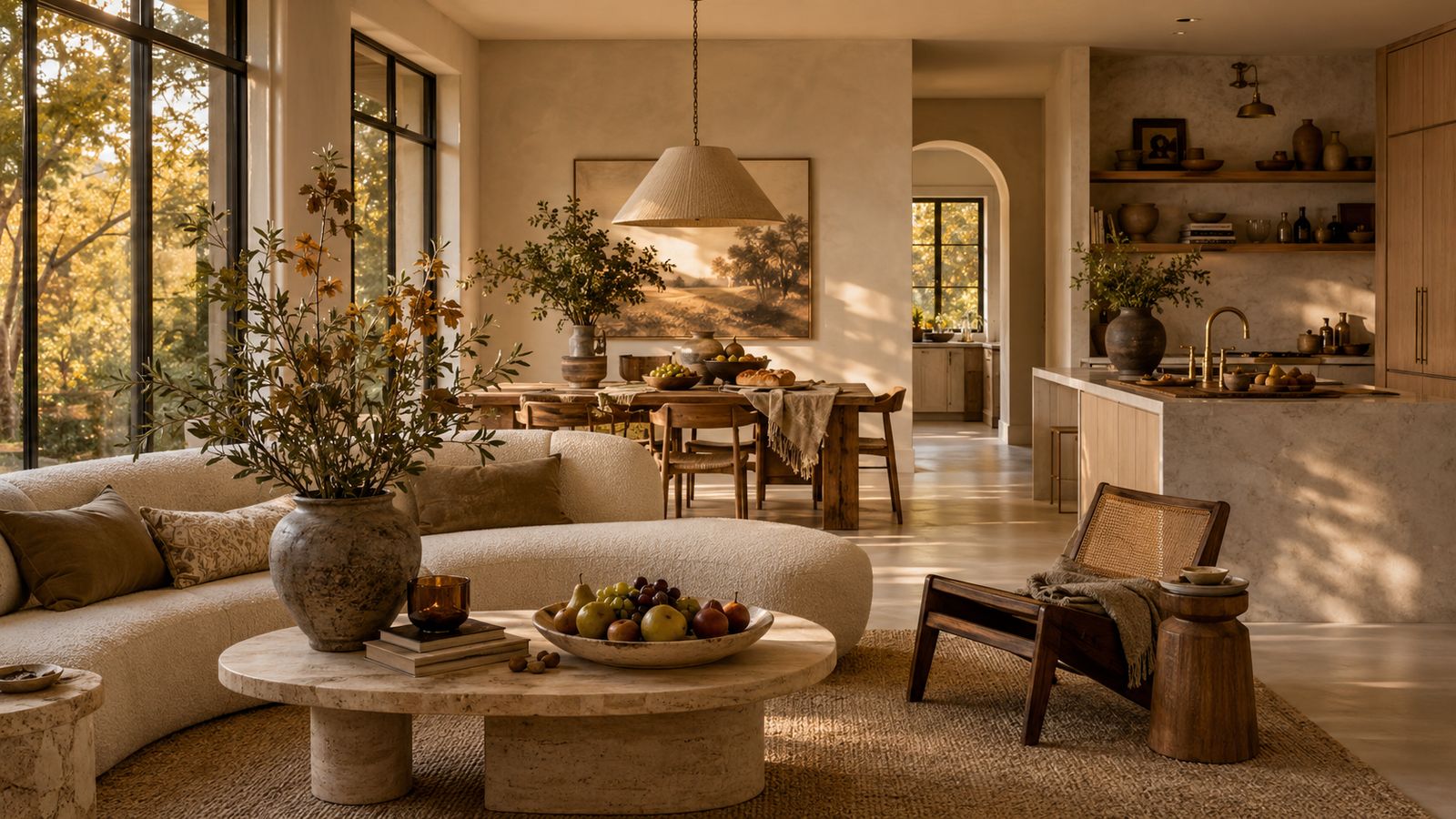 Luxury modern organic home transitioning from late summer into early fall with warm harvest-inspired styling and golden September sunlight