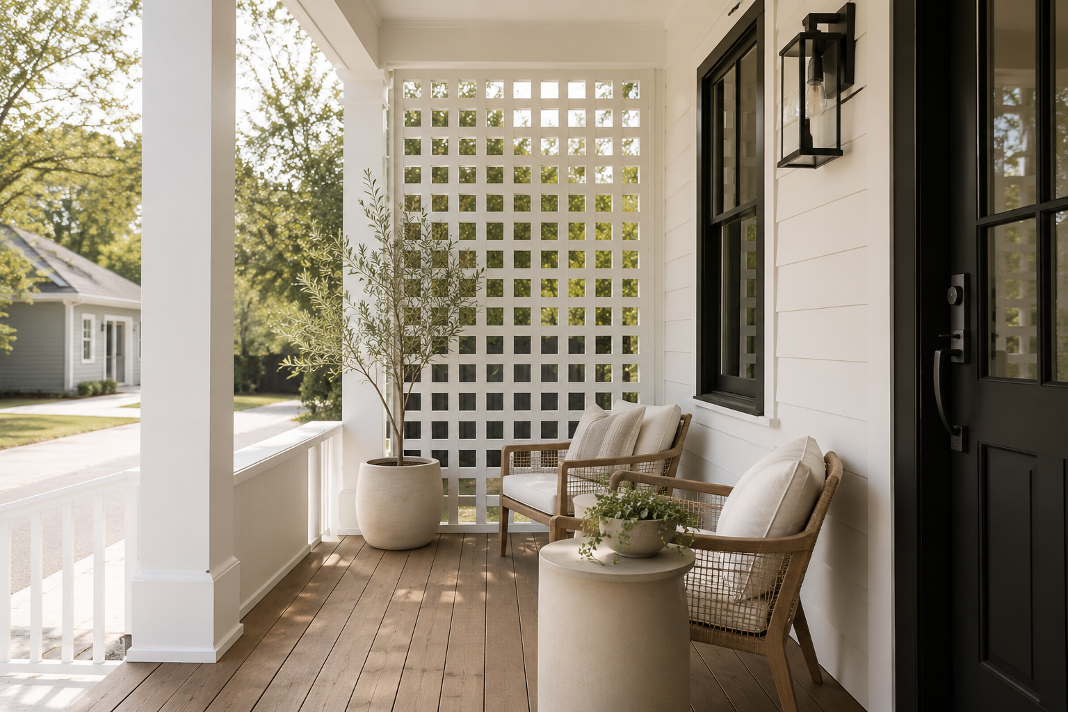 Modern Gen Z summer front porch with a white lattice privacy screen, neutral outdoor seating, and minimalist decor that creates an expensive-looking entrance.