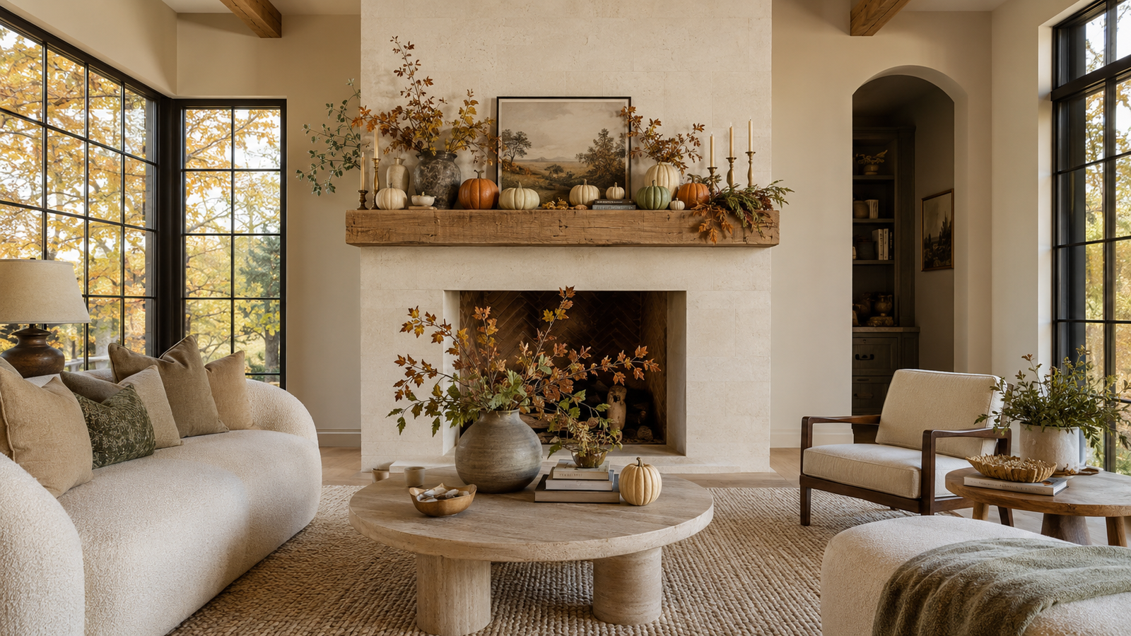 Elegant fall mantel decorated with heirloom pumpkins, layered autumn textures, and warm neutral styling in a luxury living room.