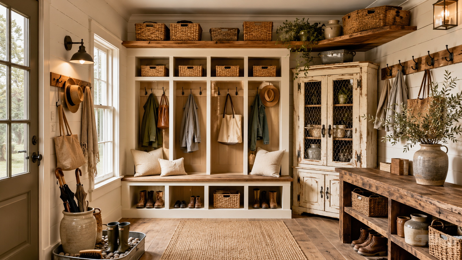 Beautifully organized farmhouse-style mudroom with built-in storage, reclaimed wood bench, and practical family organization.
