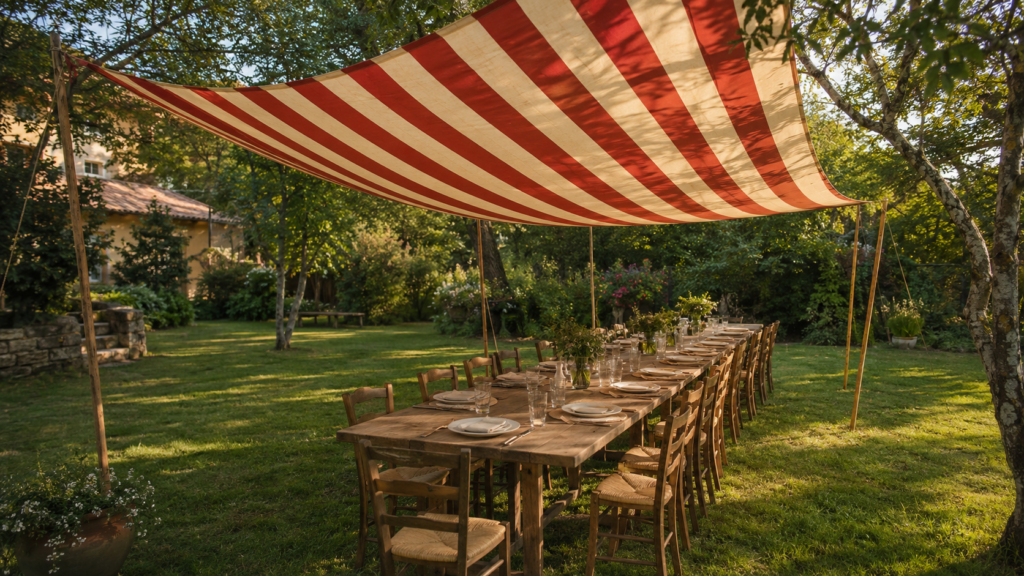 Red and cream striped canopy above a long outdoor party table in a landscaped backyard.