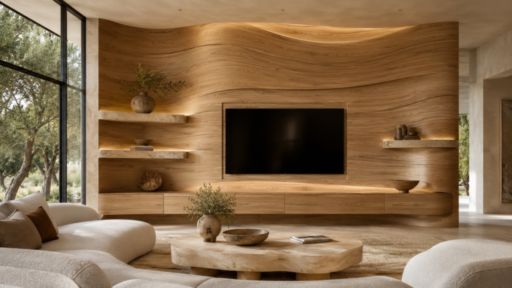 Flowing white oak TV feature wall with organic wave-inspired wood design in a contemporary living room.