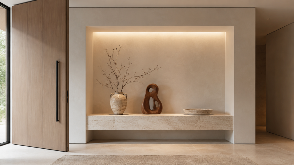 Limestone console built into a recessed architectural gallery alcove.