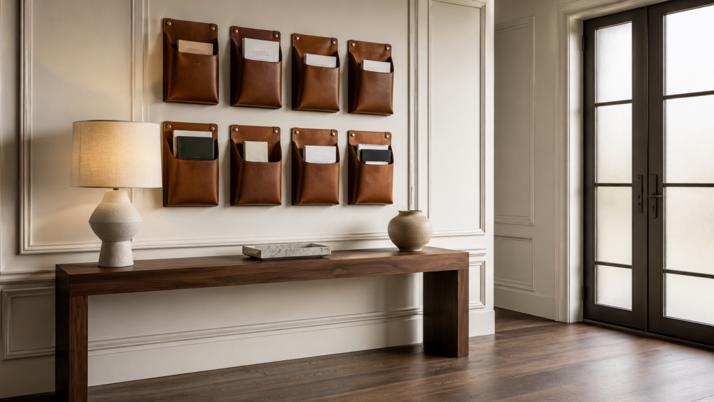 Minimal walnut console beneath handcrafted leather wall organizers.