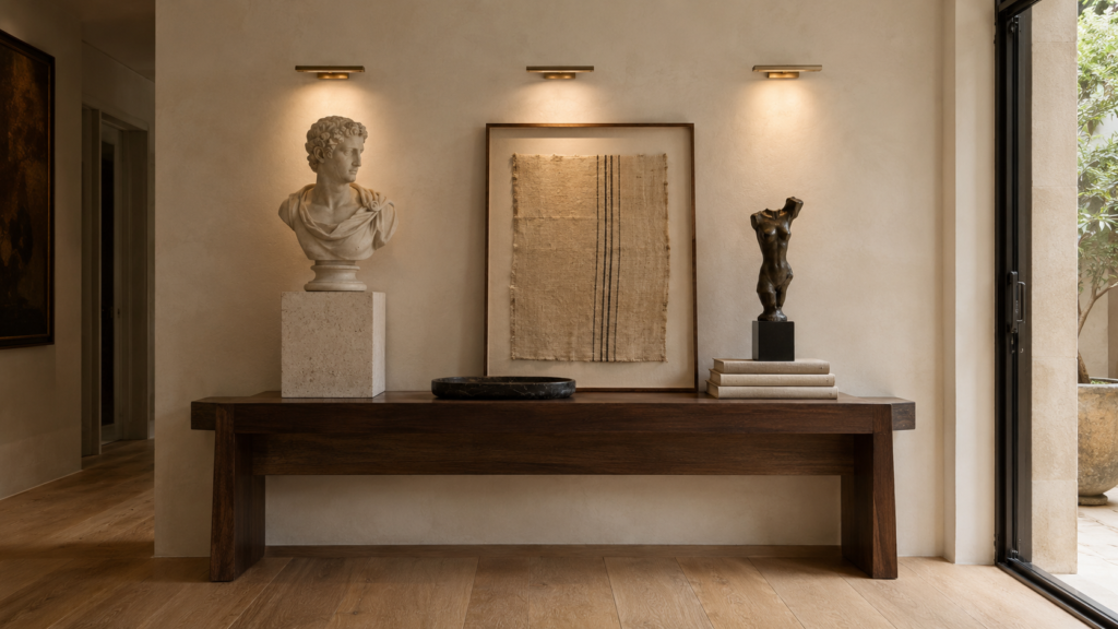 Smoked walnut console styled with museum-quality collectible art objects.