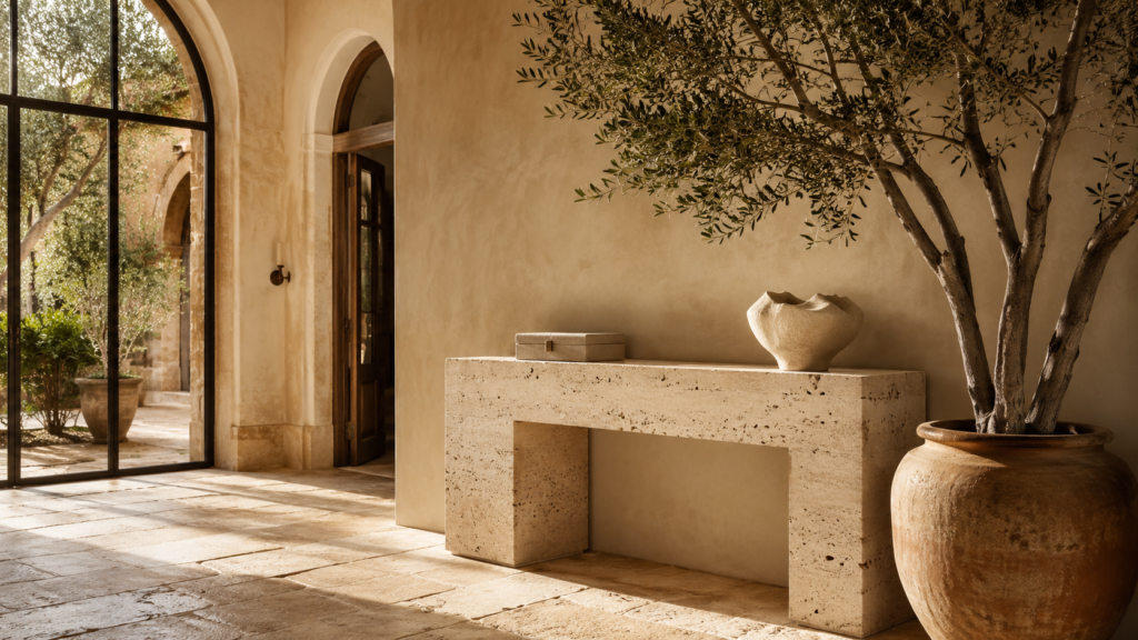 Travertine console balanced by a mature indoor olive tree.