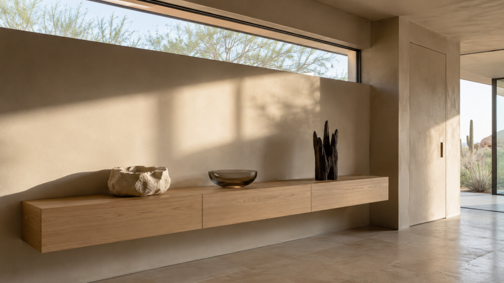 Floating white oak console positioned beneath a long clerestory window.