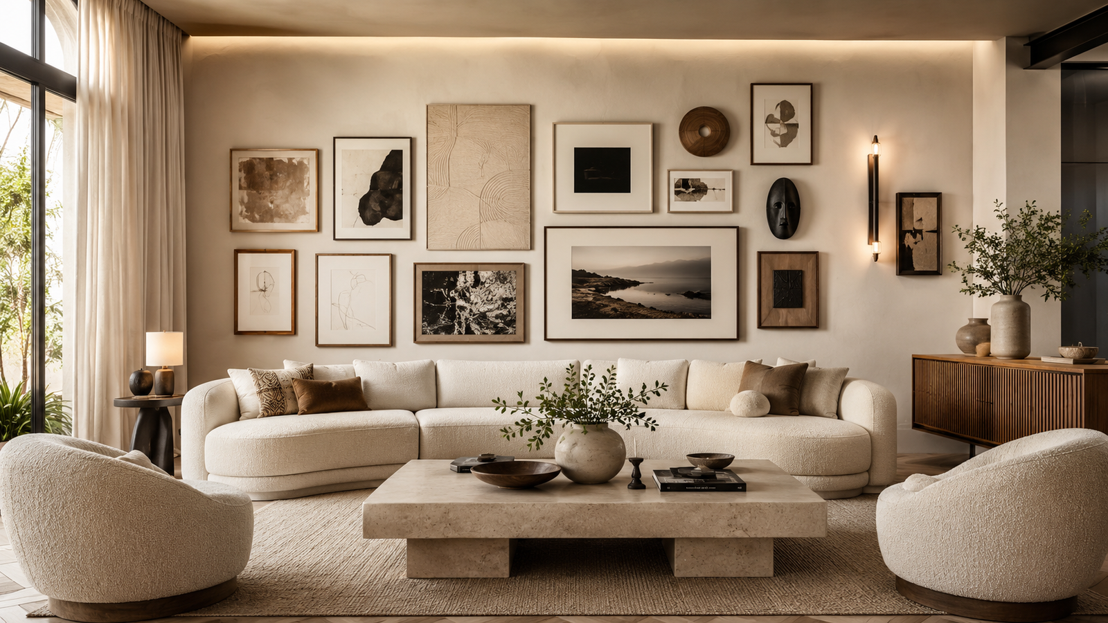 Modern living room featuring elegant gallery wall layout ideas with layered designer-inspired artwork.