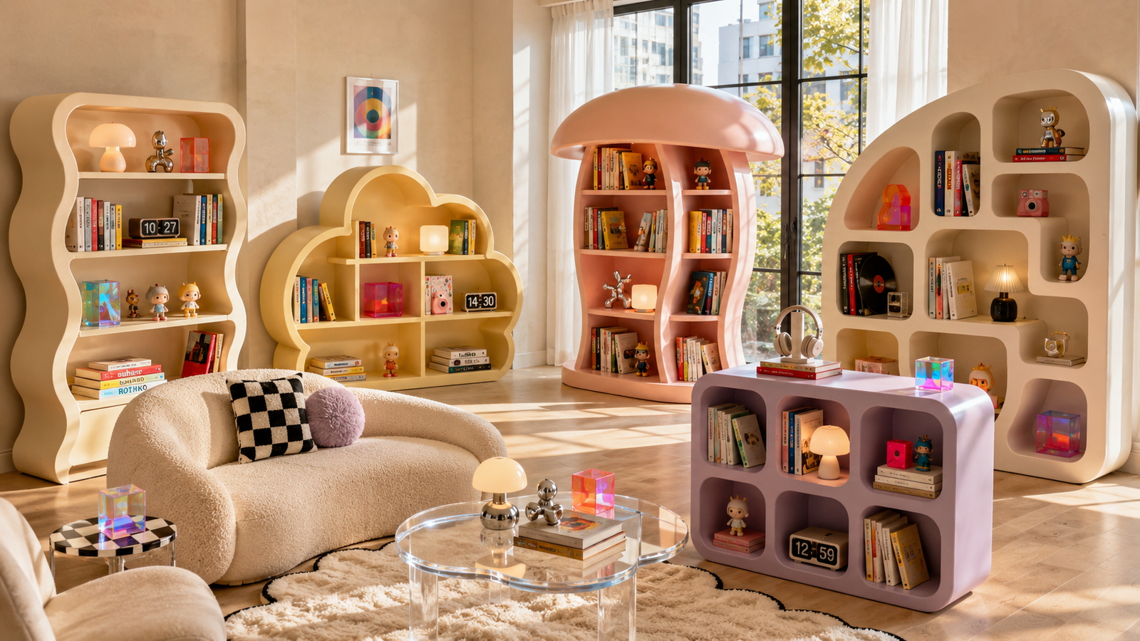 Gen Z home library with sculptural bookshelves, colorful books, and playful modern decor in a bright apartment.