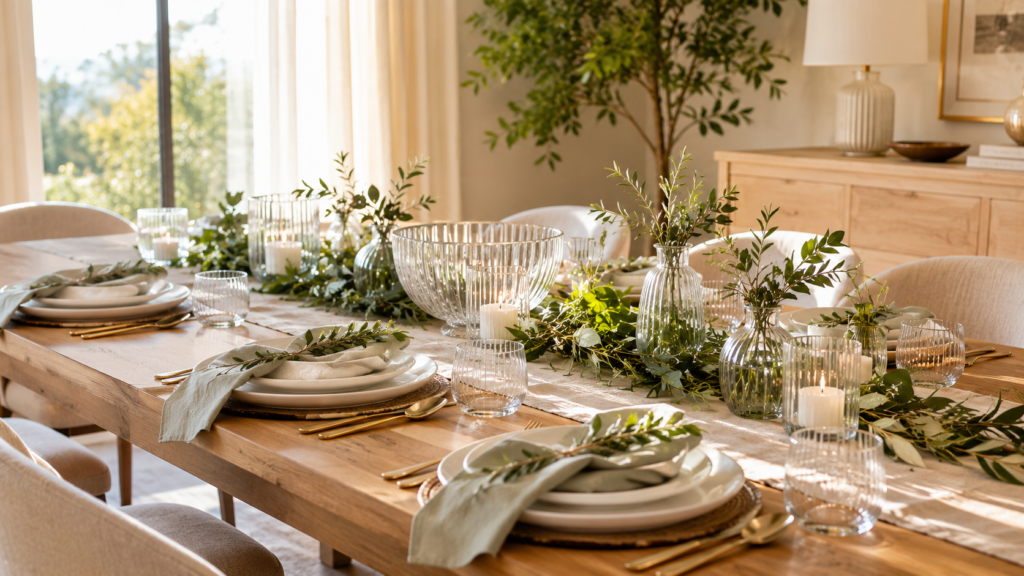 Editorial dining table showing professional styling techniques that hide inexpensive decorative materials.