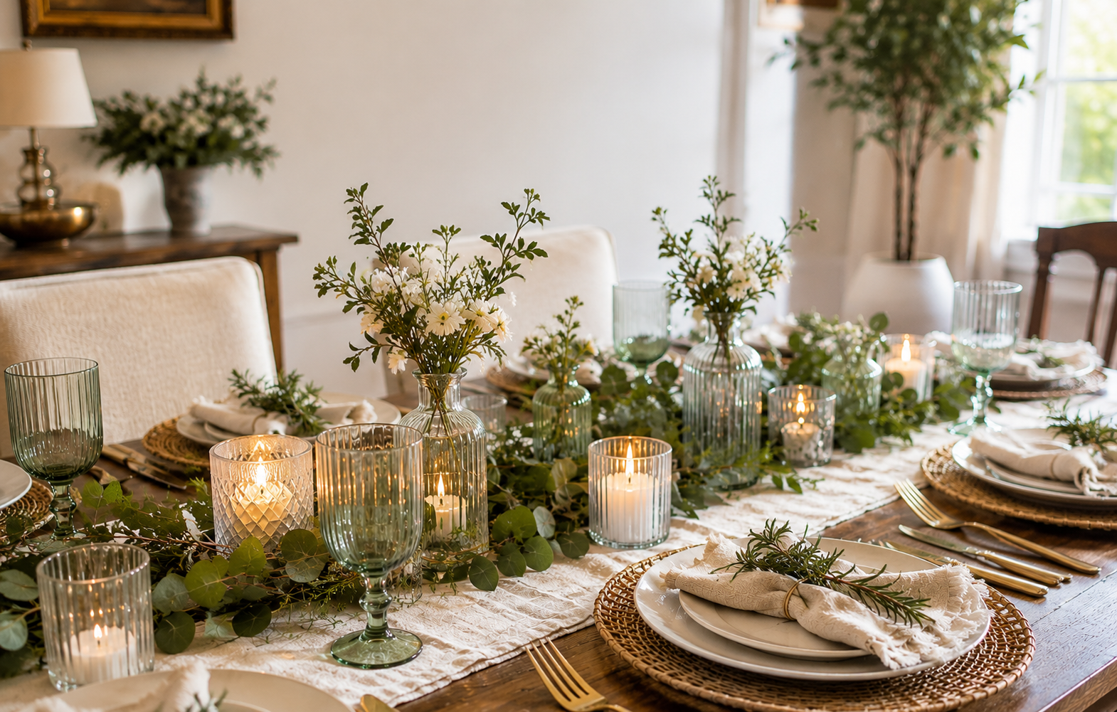 Elegant budget-friendly dining tablescape featuring white ceramic dinnerware, ribbed glassware, linen napkins, greenery, and candlelight styled with Dollar Tree decor finds.