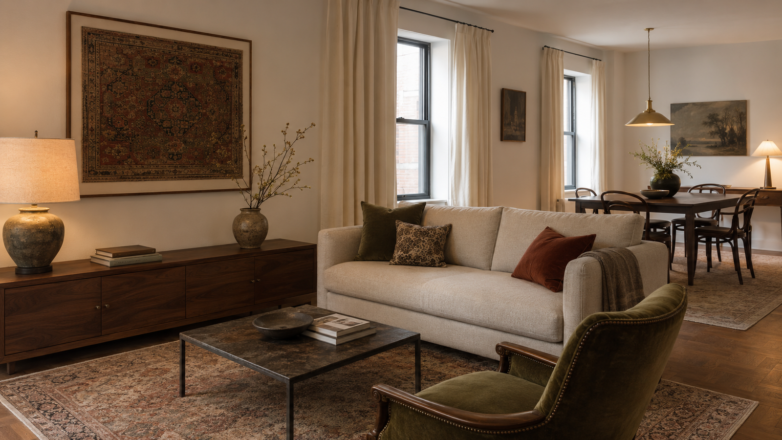 Stylish apartment living room with full-length curtains, walnut furniture, vintage artwork, layered lighting, and warm neutral decor.