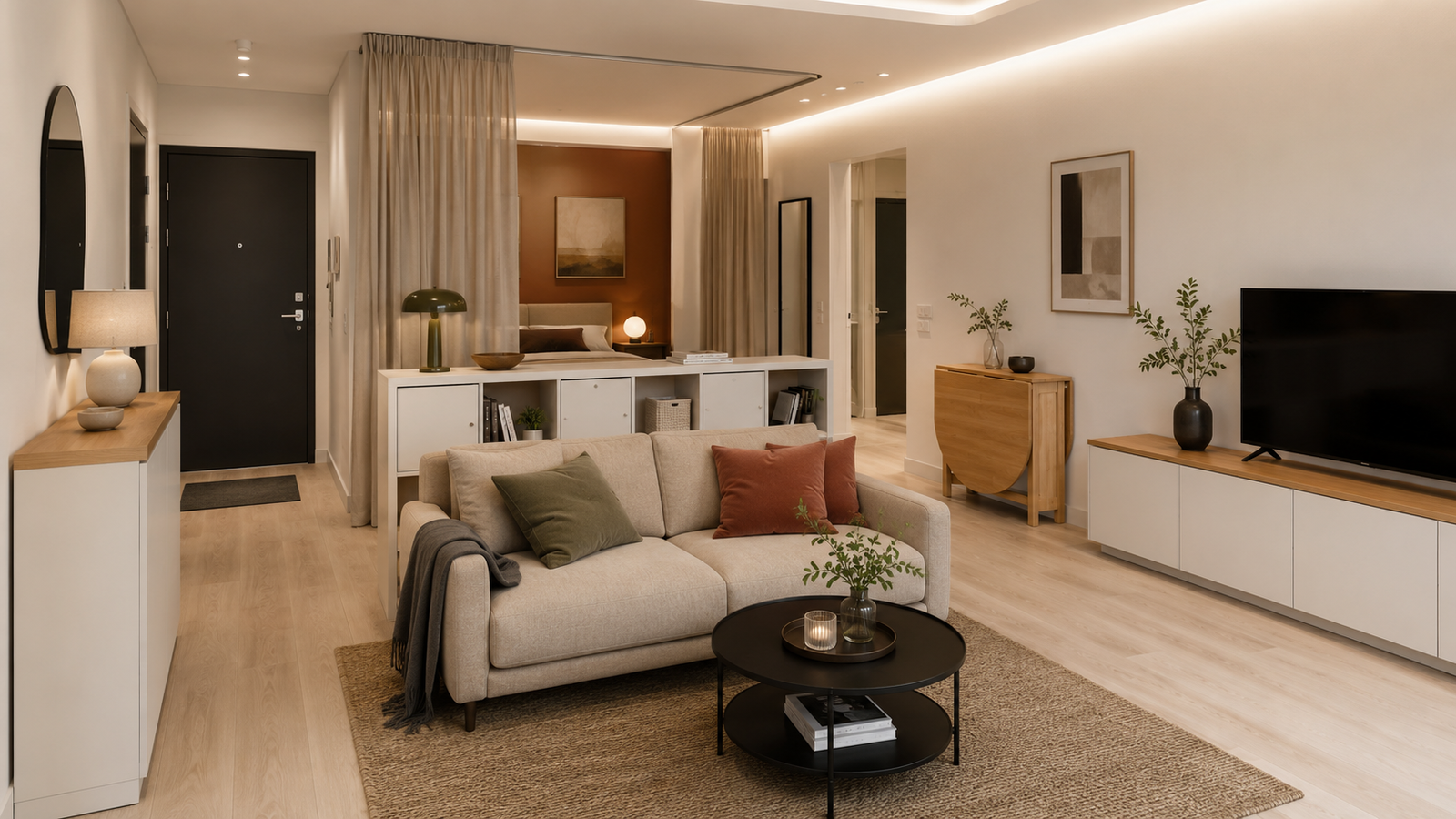 Small apartment with built-in IKEA storage, folding furniture, and a curtain divider.