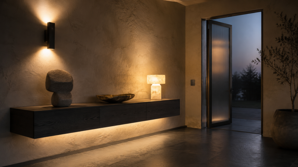 Floating charcoal oak console illuminated by layered architectural lighting at dusk.