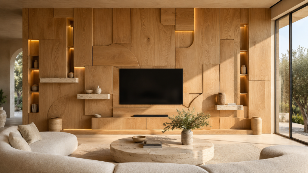 Interlocking white oak puzzle TV wall with custom architectural millwork in a luxury modern living room.