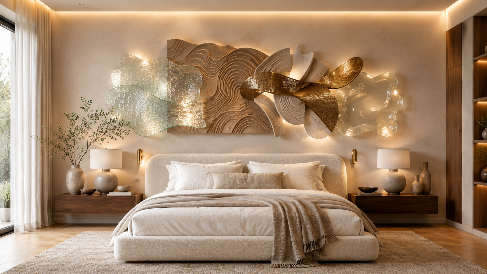 Luxury bedroom featuring a dramatic sculptural wall installation above the bed with modern architectural styling.