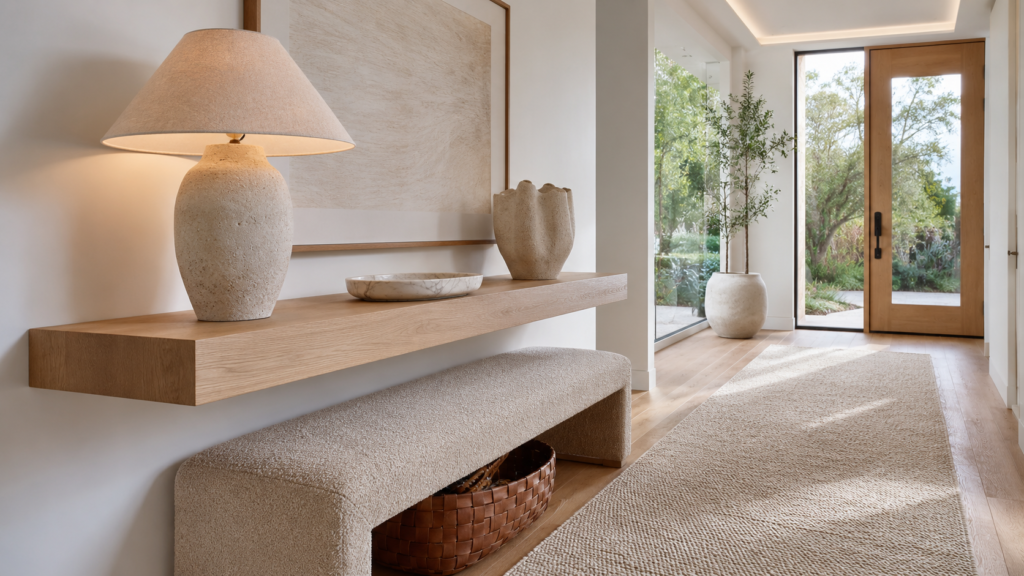 Floating oak console layered with a tucked boucle bench beneath.