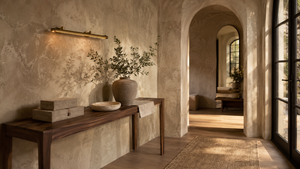 Slim walnut console styled against richly textured mushroom limewash walls.