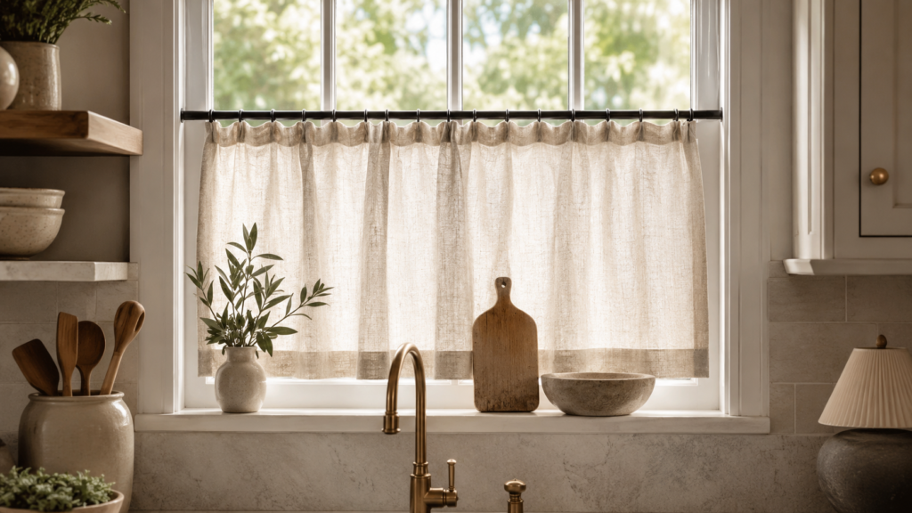 Oatmeal Belgian linen café curtain on a small kitchen window adding soft texture and affordable style to a budget-friendly kitchen.