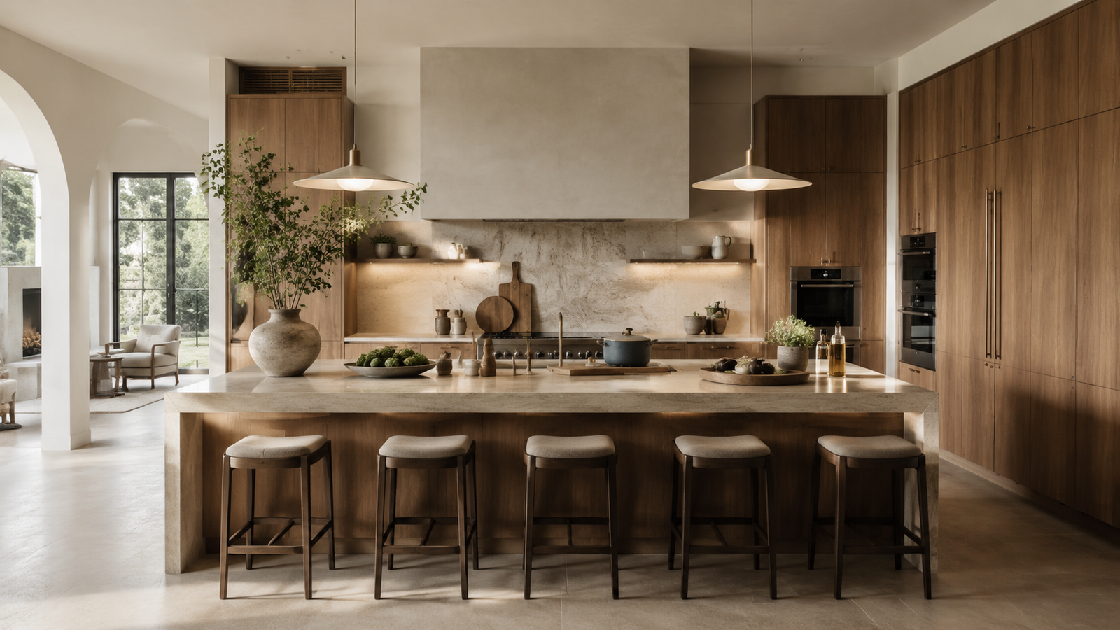 Modern luxury kitchen featuring stylish countertop decor, elegant cabinetry, natural stone surfaces, and designer staging details.
