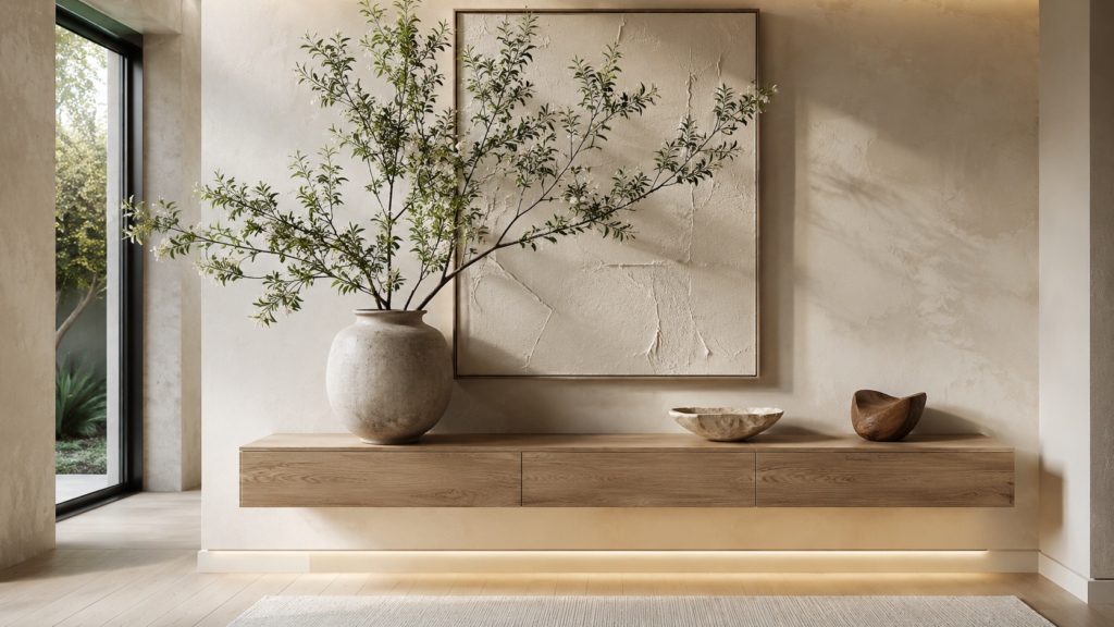 Floating oak console styled with a monumental olive branch in a ceramic vessel.