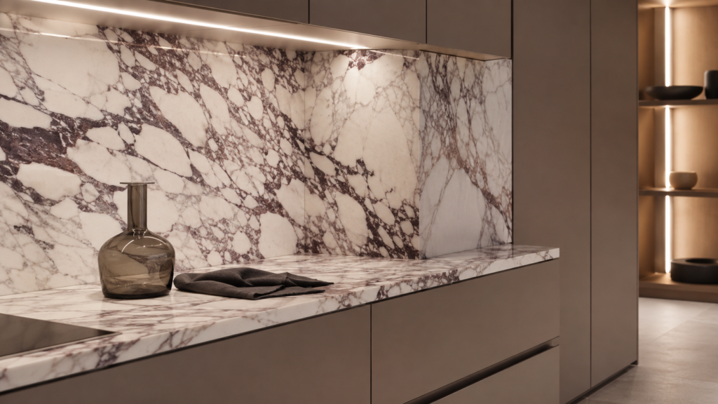 Neo Deco kitchen featuring a seamless Calacatta Viola marble corner with continuous veining and warm taupe cabinetry