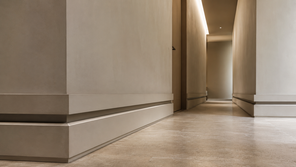 Neo Deco hallway featuring elegant double-depth baseboards with recessed shadow channels, smooth plaster walls, limestone flooring, and minimalist architectural detailing.