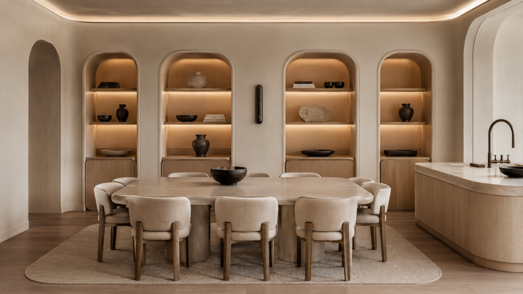 Neo Deco dining room featuring repeated soft-radius curves across custom furniture, built-in cabinetry, shelving, and a curved stone island for a cohesive architectural design.