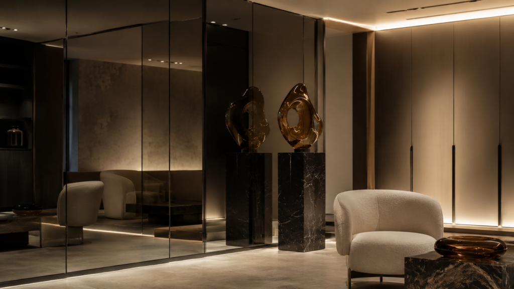 Neo Deco lounge featuring oversized smoked bronze mirror panels, satin lacquer cabinetry, oxidized metal finishes, and sculptural furniture that uses layered reflections as the primary design feature.
