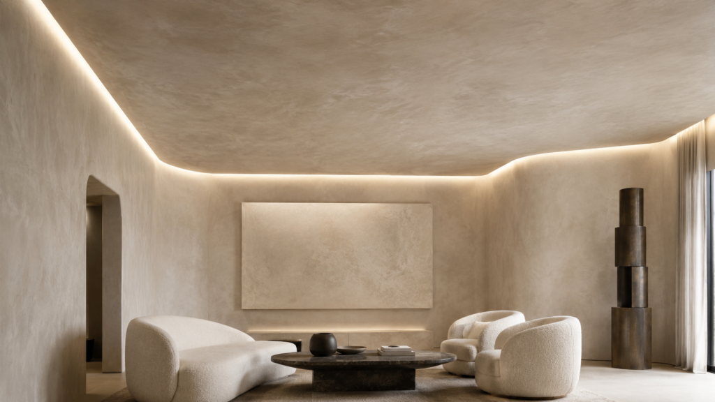 Neo Deco sitting room with seamless soft mineral plaster flowing across the walls and ceiling, ivory boucle seating, dark travertine coffee table, and bronze sculpture under elegant architectural lighting.