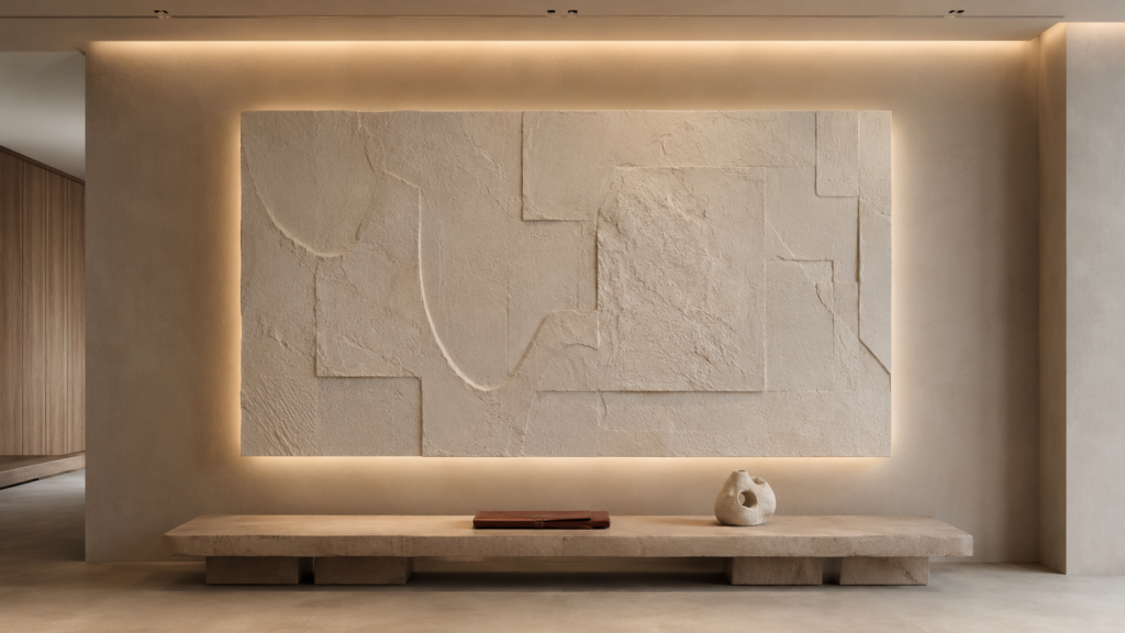 Neo Deco living room featuring a floating textured plaster relief wall artwork above a low travertine bench with minimalist luxury styling and gallery-inspired lighting.