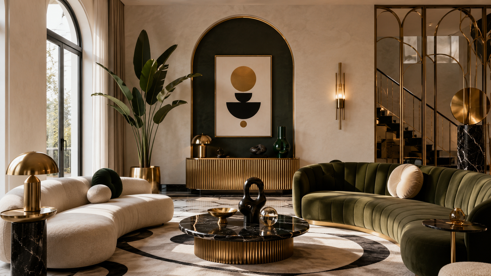 Neo Deco living room with curved velvet sofas, brass accents, marble finishes, and luxurious modern interior styling.