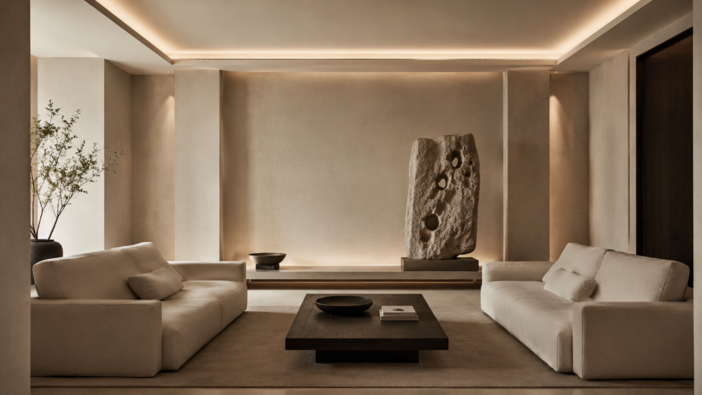 Collectible-scale carved limestone sculpture placed slightly off-center in a symmetrical Neo Deco living room with parchment sofas and smoked oak coffee table.