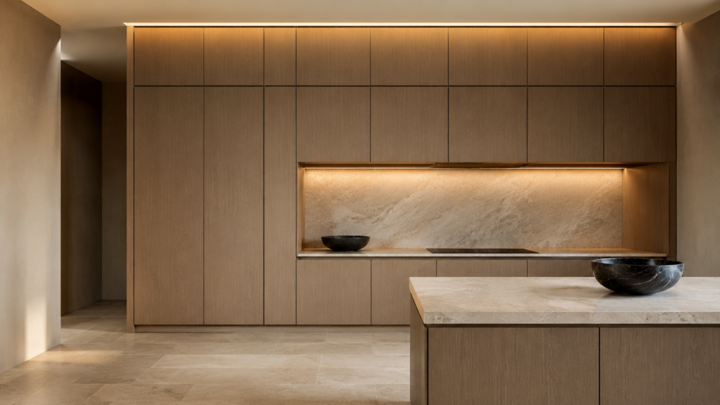 Luxury Neo Deco kitchen with full-height matte oak cabinetry, recessed handleless doors, limestone backsplash, and minimalist island with a black marble bowl.