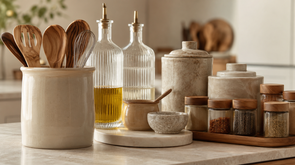 Neutral kitchen containers with matching glass bottles, ceramic canisters, and olive wood utensils styled on a countertop for small kitchen decor ideas on a budget.