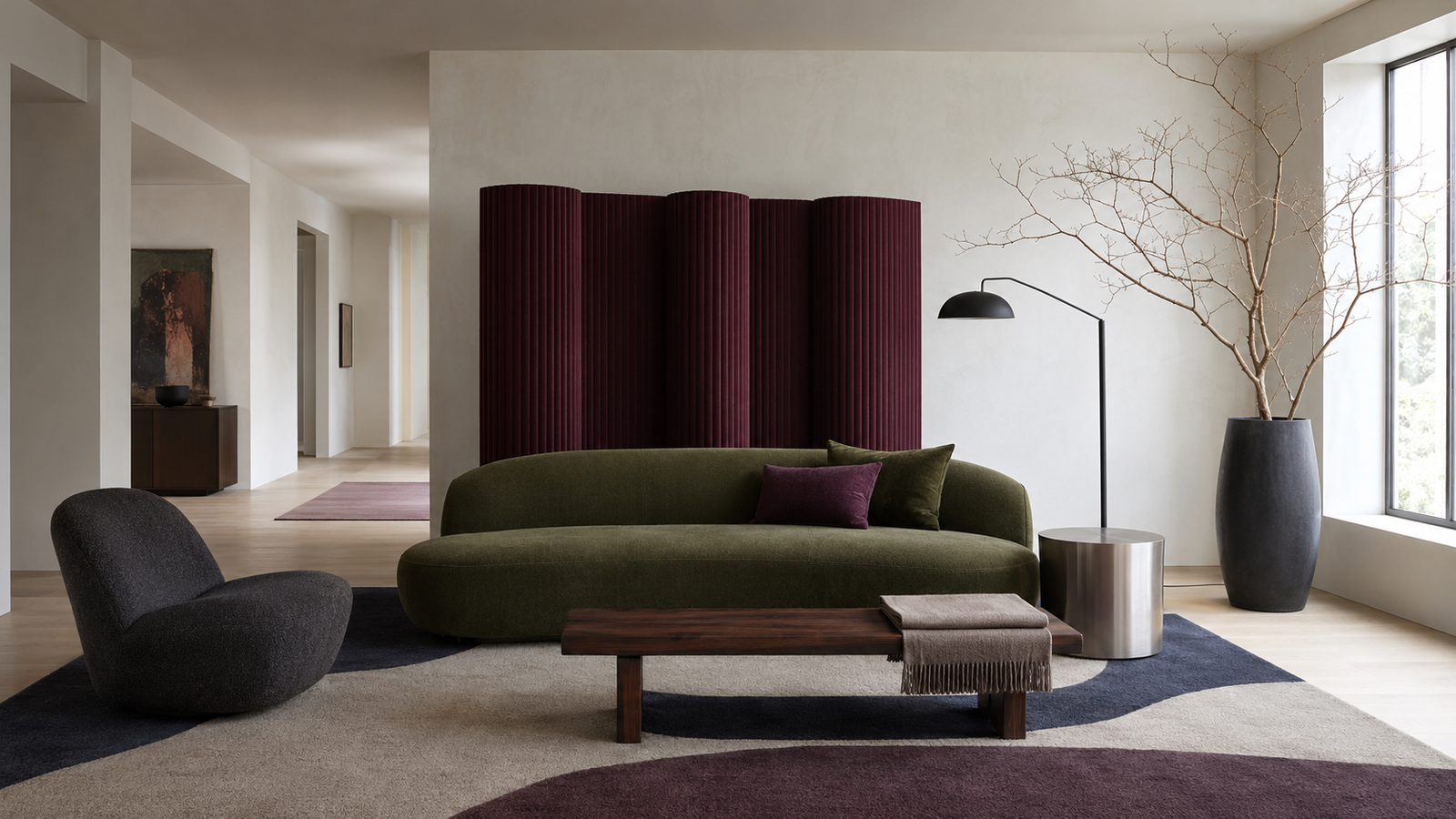 Modern autumn living room decorated with olive, plum, navy, and walnut tones