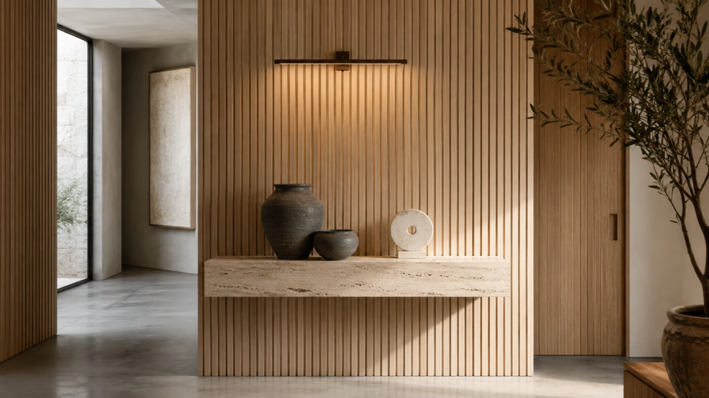 Travertine console against a vertical white oak slat feature wall.