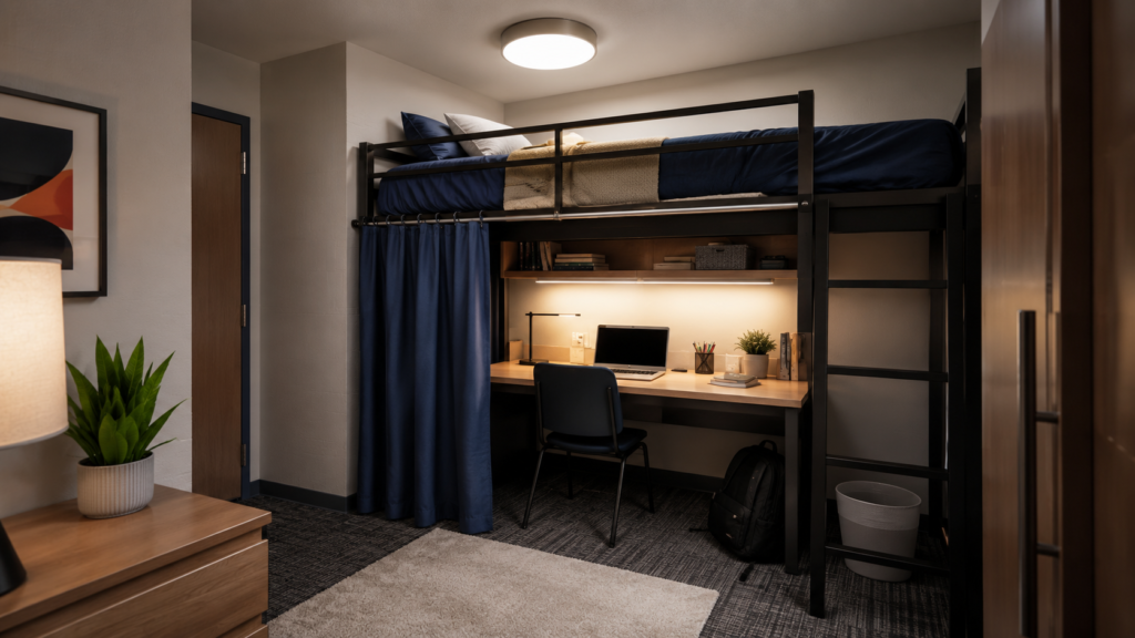 Lofted dorm bed with a private and organized study alcove underneath.