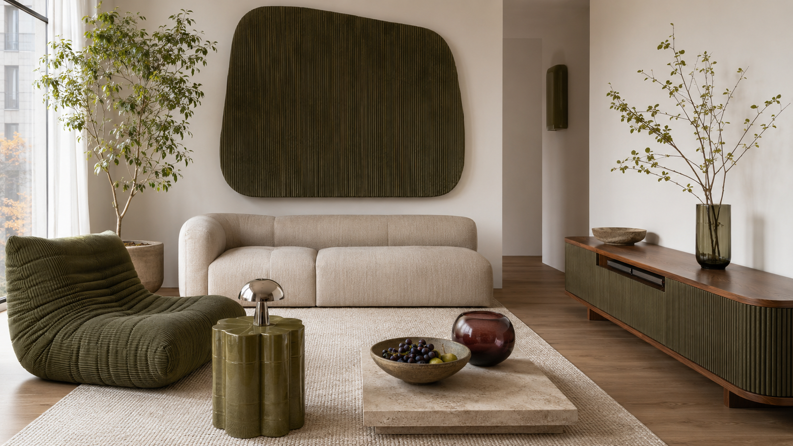 Modern living room with olive green fall decor and layered natural textures