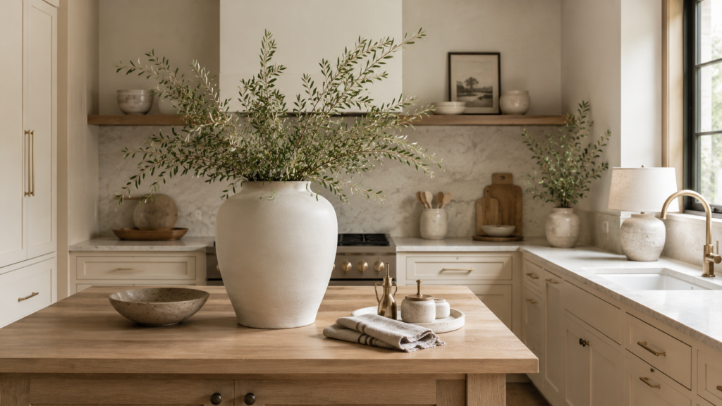 Oversized matte ivory ceramic vase with olive branches styled on a warm oak kitchen island in a small budget-friendly designer kitchen.