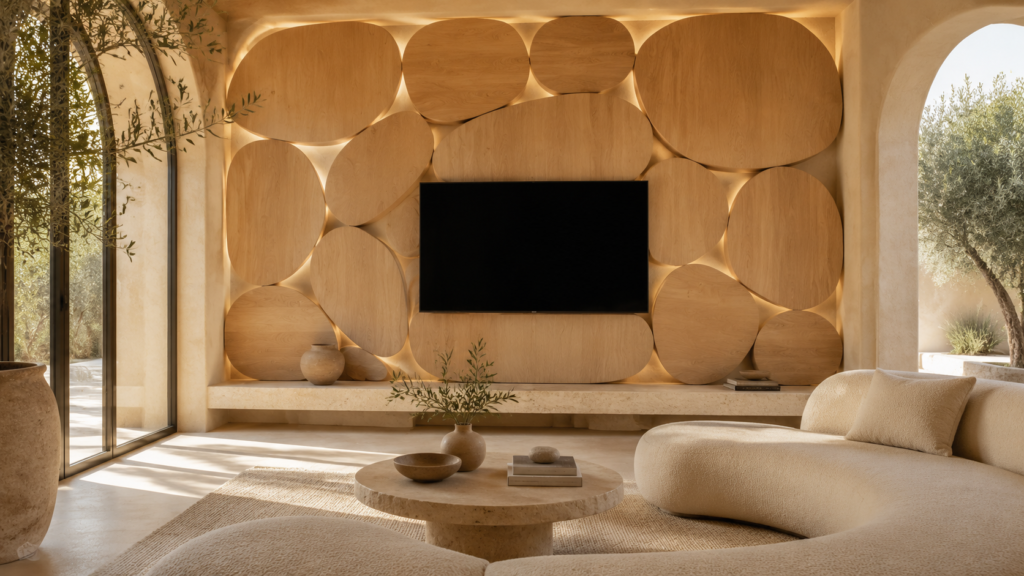 Organic pebble-shaped white oak TV feature wall in a luxury modern living room.