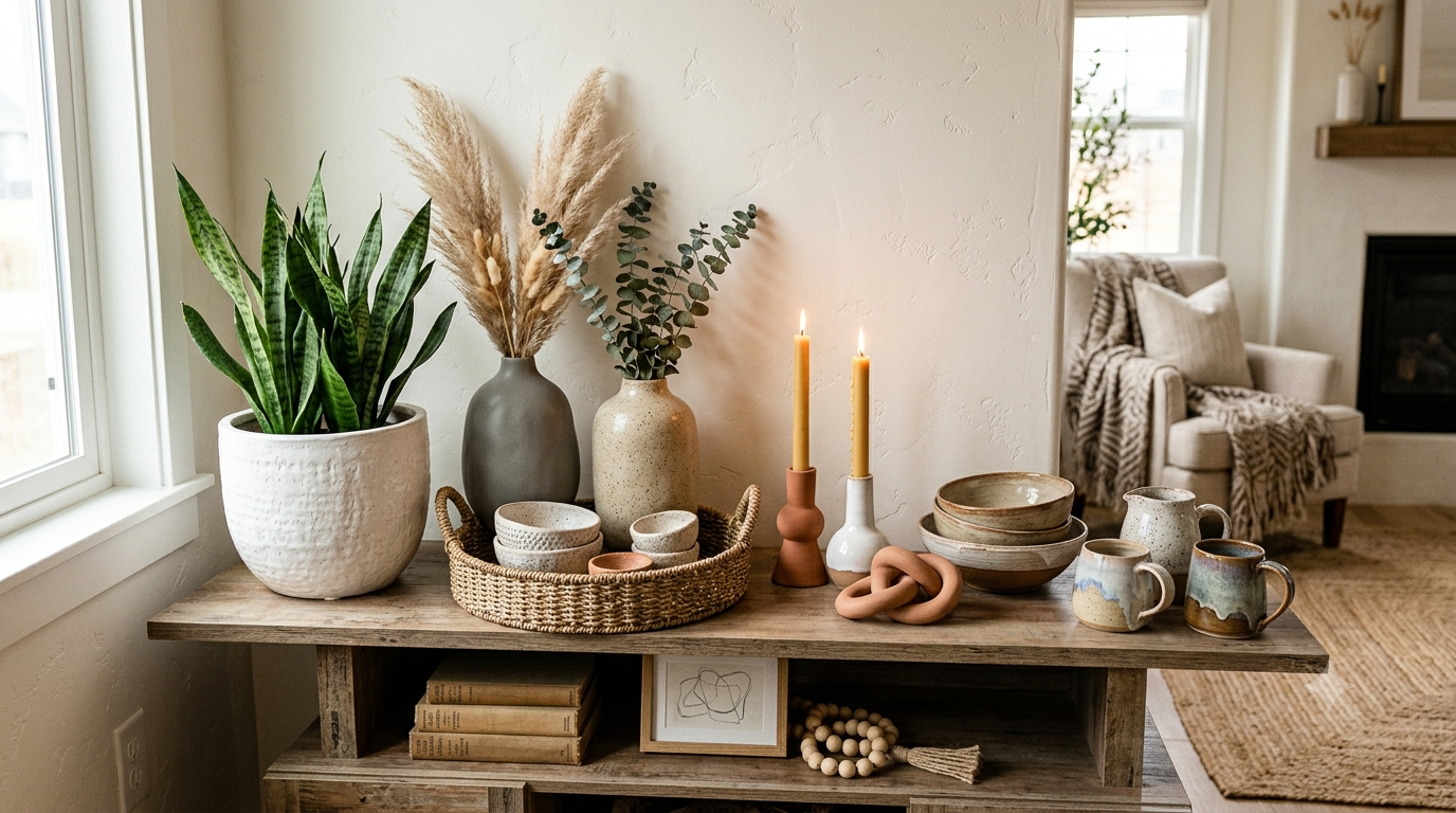 A styled wooden console table featuring rustic DIY home decor items like ceramic vases with pampas grass, a snake plant in a textured white pot, woven baskets, ceramic mugs, and terracotta candle holders in a bright, modern farmhouse living room.