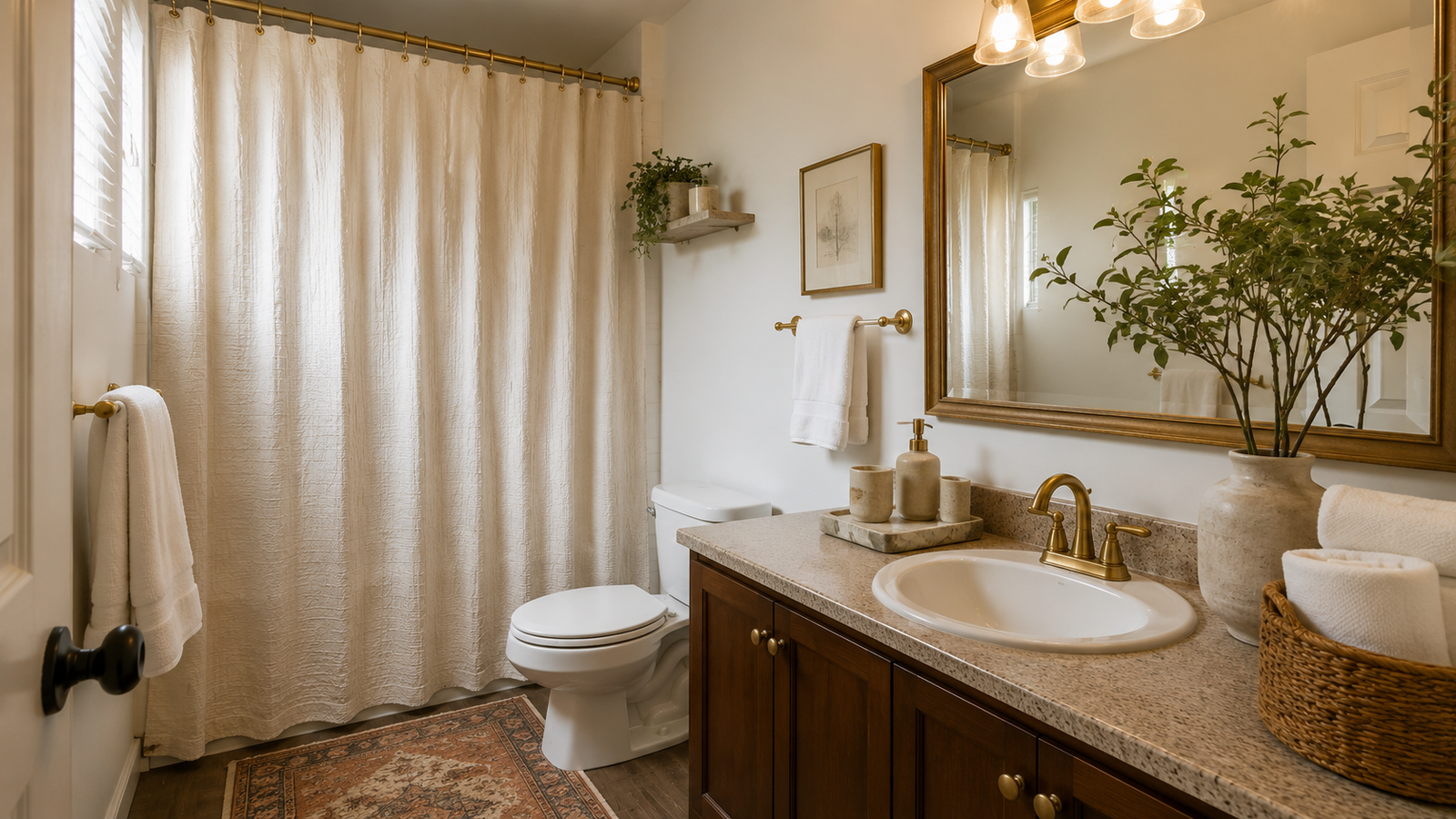 Small rental bathroom makeover with a high-hung linen shower curtain, removable framed mirror, styled vanity, and renter-friendly no-drill decor ideas.