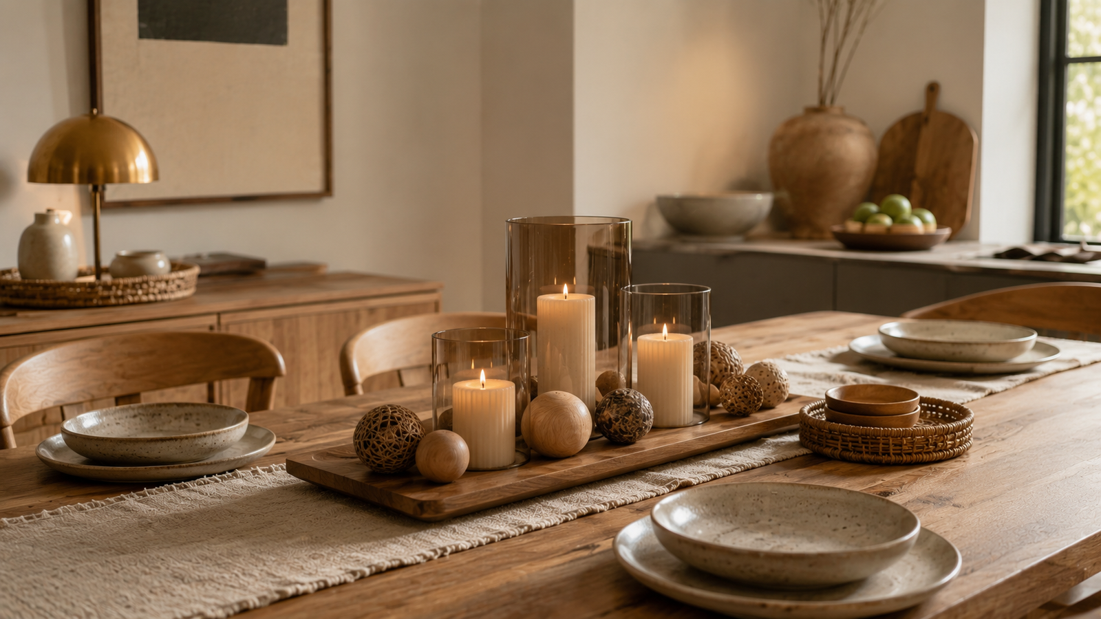 Modern everyday dining table centerpiece featuring layered candle hurricanes, decorative wooden spheres, and a minimalist tray in a warm Pinterest-style dining room.