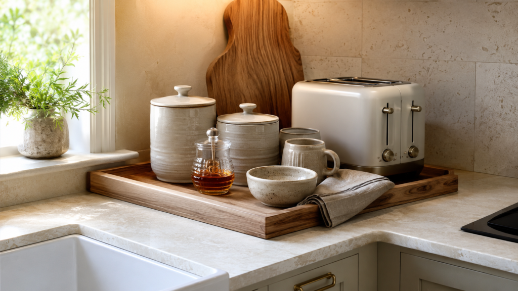 Beautifully organized breakfast station with a wooden tray, matte toaster, ceramic canisters, artisan mugs, honey jar, and linen accents in a small budget-friendly kitchen.
