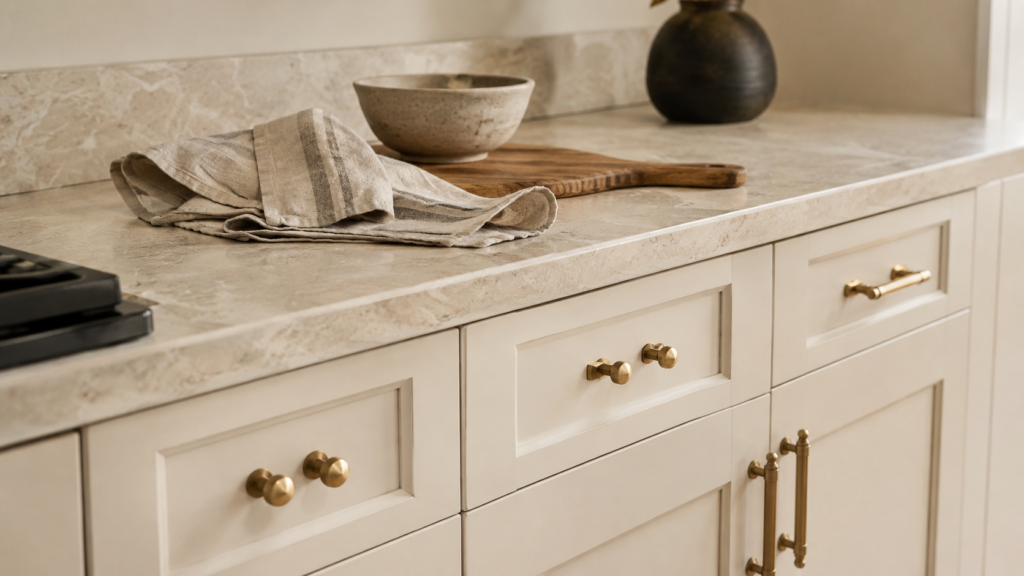 Designer oak rolling utility cart styled with ceramic dishes, linen towels, books, and a travertine bowl in a small budget-friendly kitchen.